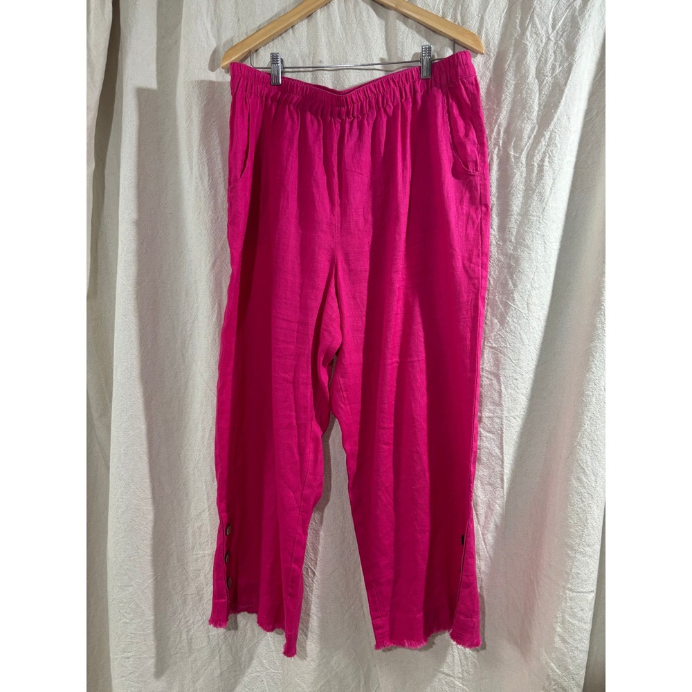 Ali Miles Fuchsia Pink Linen Blend Cropped Wide Leg Pants Elastic Waist XL